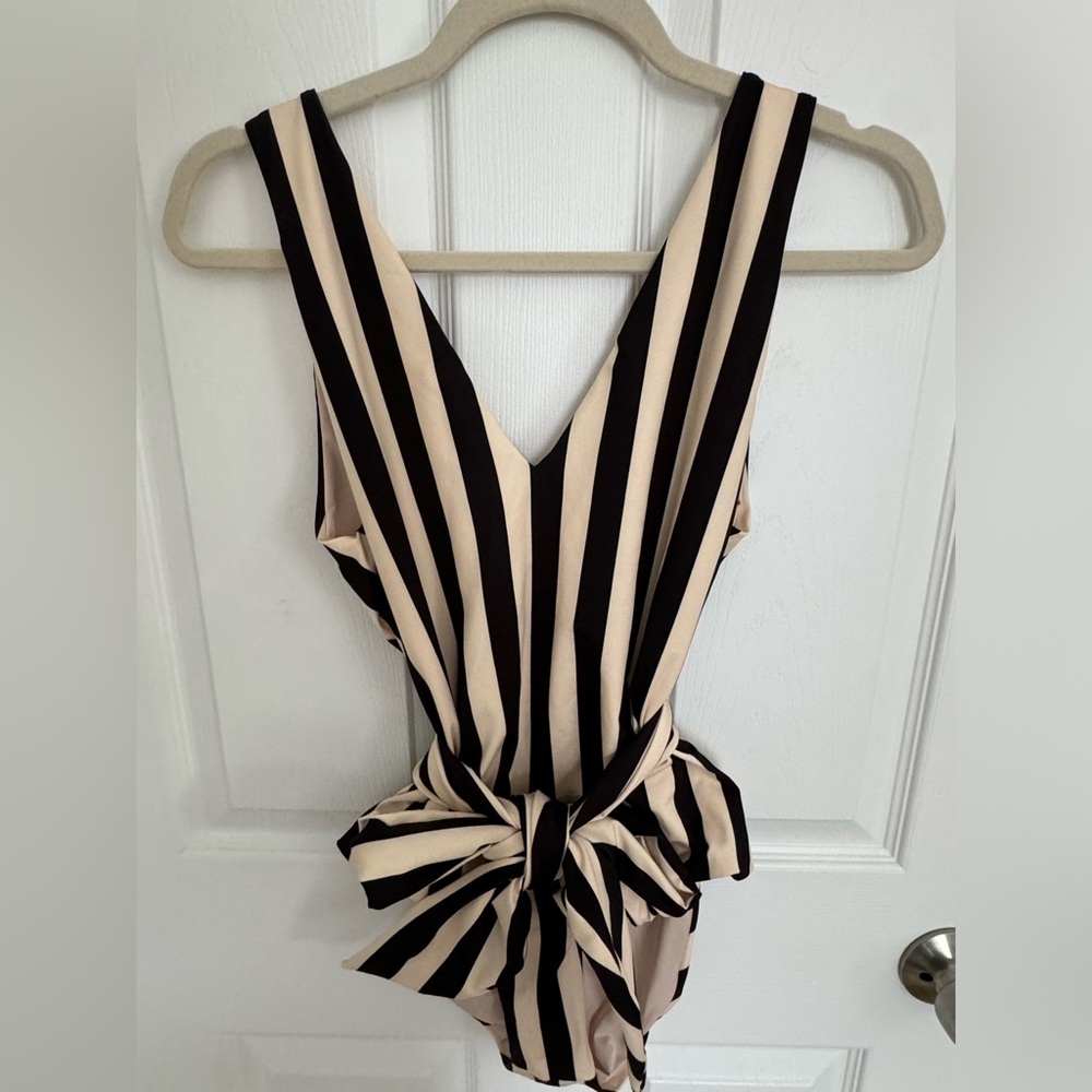 Anthropologie Black and Cream Striped One-Piece Swimsuit with Waist Tie